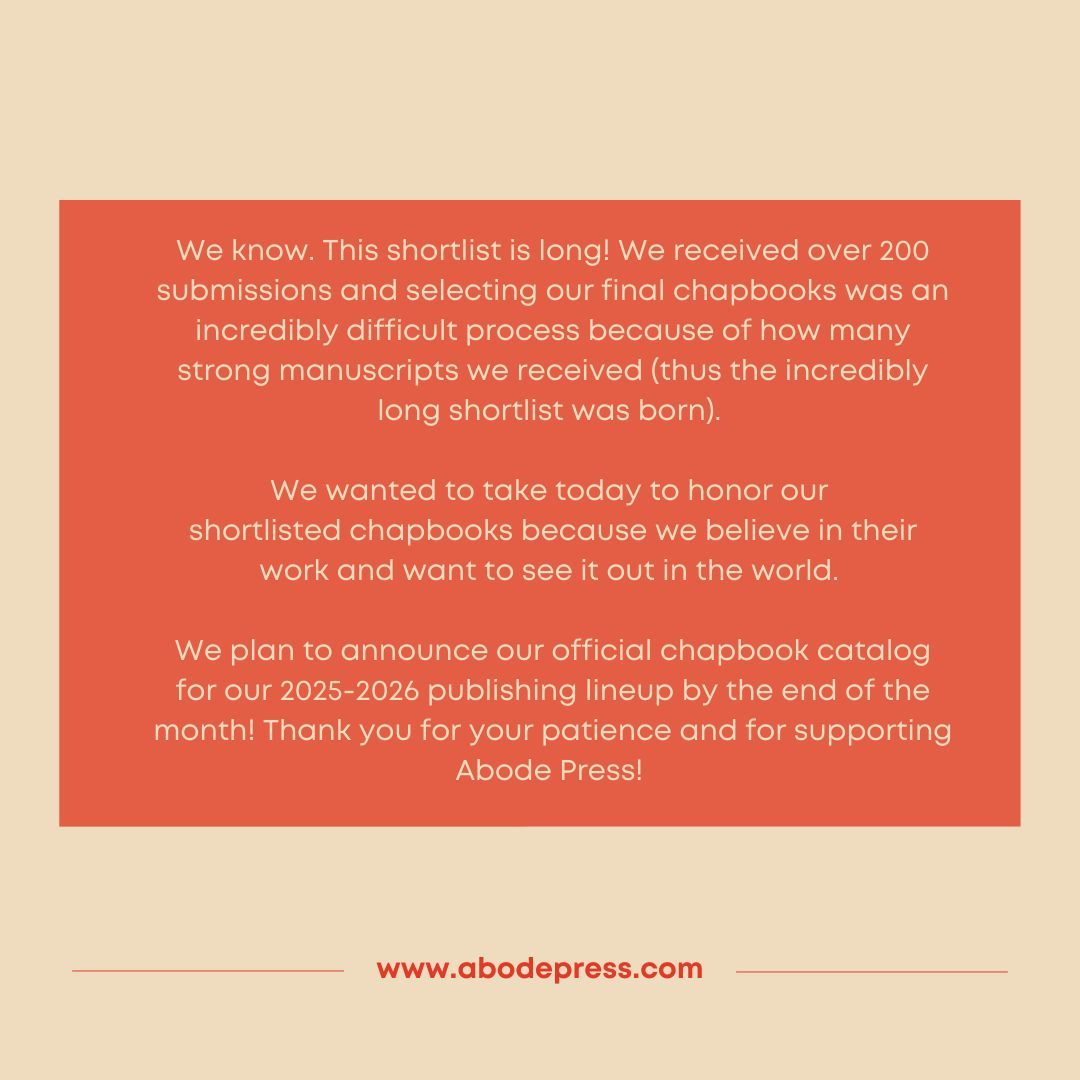 Please join us in celebrating our chapbook shortlist!🎉

We want to honor our shortlisted writers today because we believe in their work.

We plan to announce our official chapbook catalog by the end of the month.