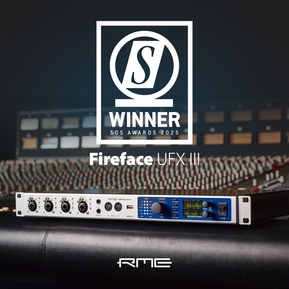 RME_Americas's tweet photo. Just in: The Best Audio Interface in 2025! If you ask the users. The RME Fireface UFX III won the most prestigious award in the industry: The SOS User Award. #rmeaudio #rmeaudiousa #usb3 #recording #namm #madi #recordingstudio #award #recordproducer #musicstudio #fireface https://t.co/tsWQYa52b1
