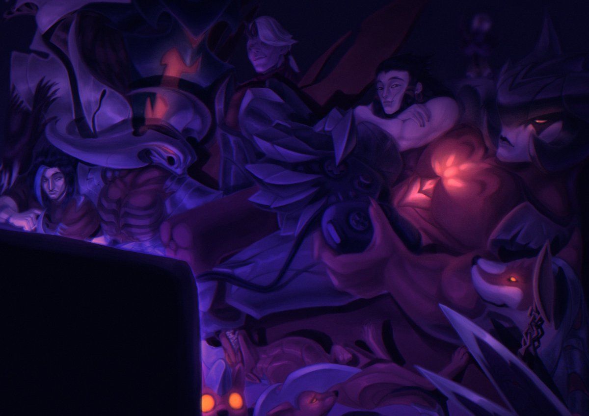 My piece for <a href="/DarkinZine/">Twilight of the Gods Zine</a> :3

It was pretty challanging to draw and I'm looking forward to try something like that again in the future!

#aatrox #yone #kayn #rhaast #naafiri #varus #darkin