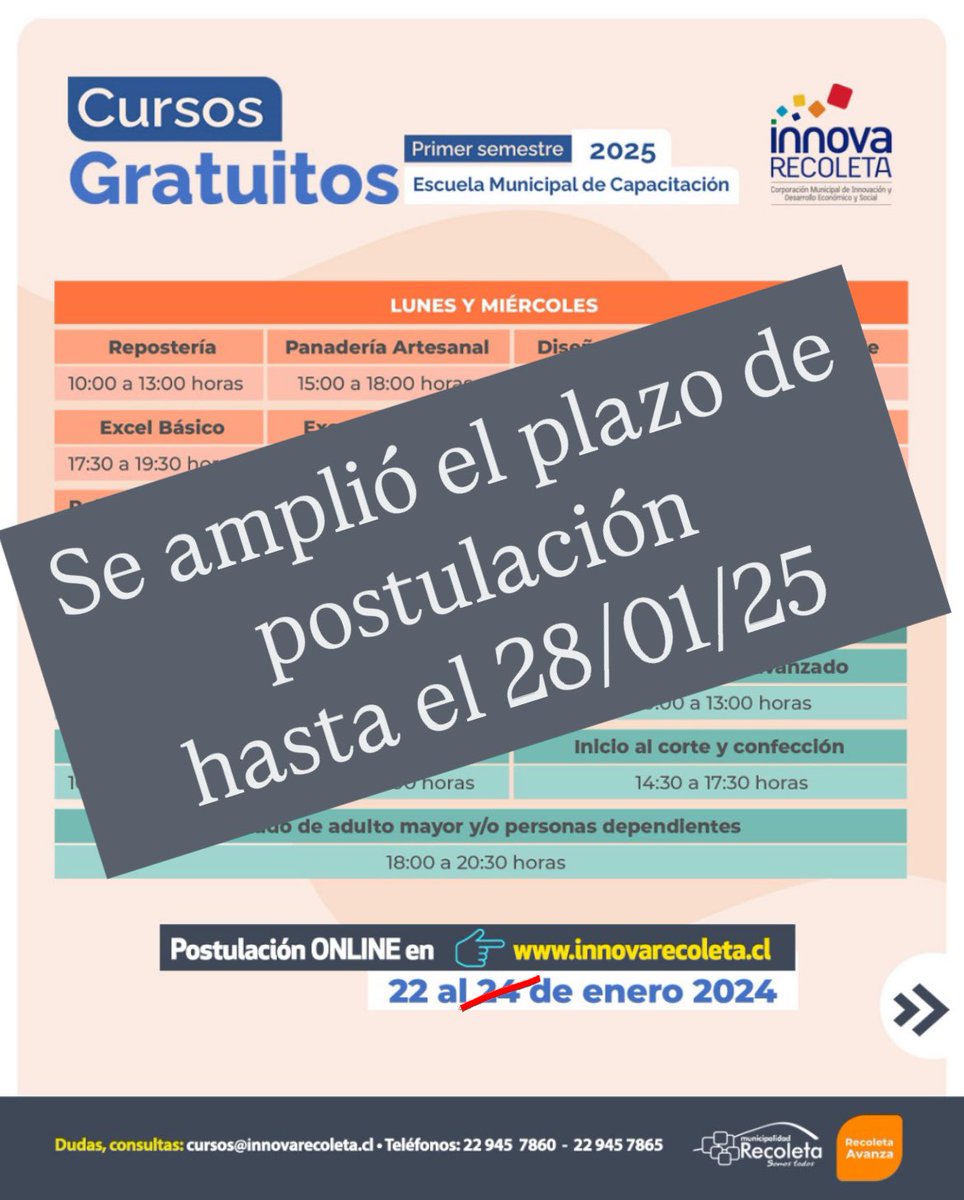 📣Atención | 
Se amplió plazo de postulaciones 
a los 24 cursos gratuitos de la Escuela Municipal de Capacitación

📅  Hasta el  28 de enero ‘25

🔗 Postula en: innovarecoleta.cl
📅 Resultados: 20/02

<a href="/FaresJadue/">Fares Jadue Leiva</a> 
<a href="/Muni_Recoleta/">Municipalidad de Recoleta</a>