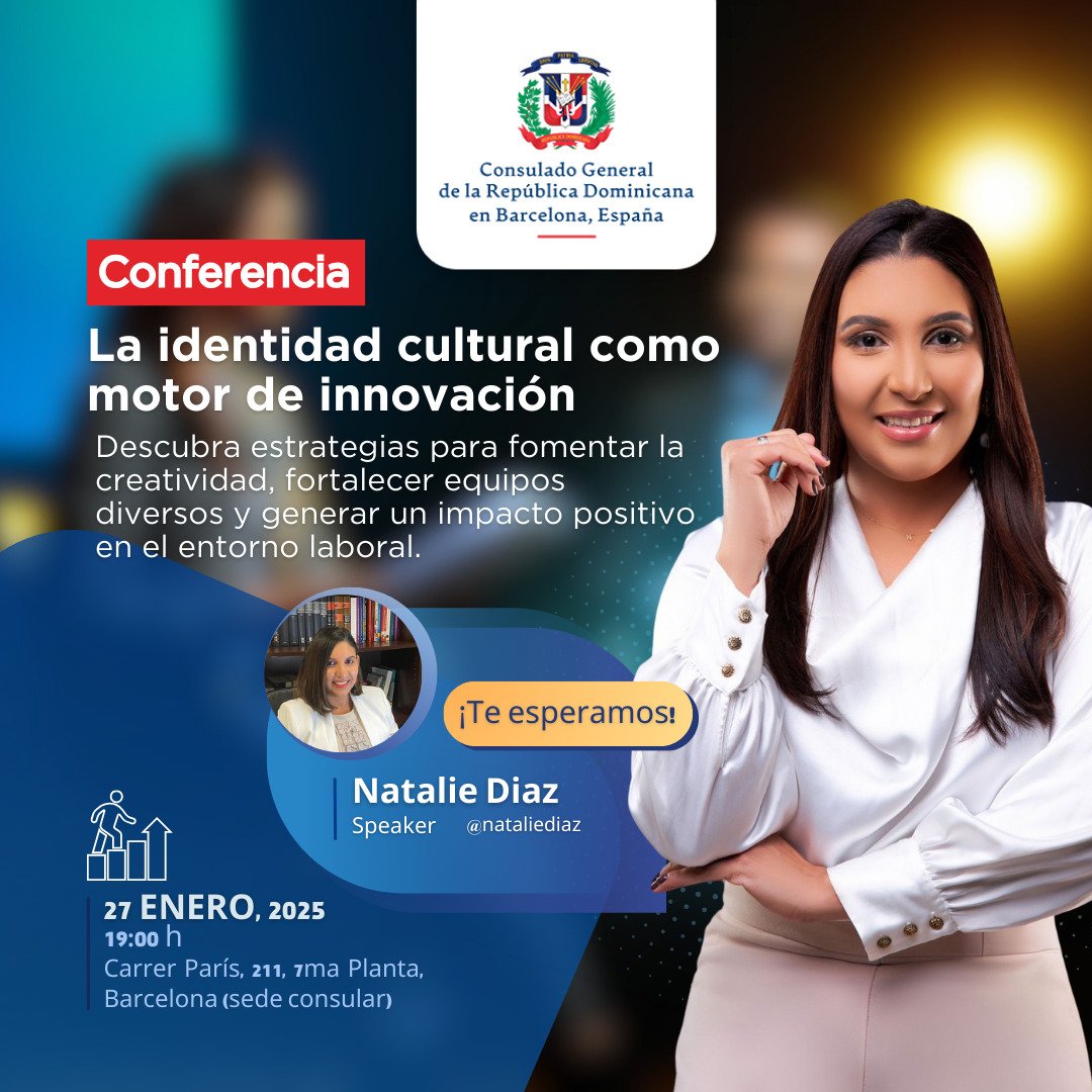 RDenBarcelona's tweet photo. 🇩🇴 ¡Te invitamos! Conferencia: "La Identidad Cultural: motor de innovación laboral" 🗓 27/01/25 🕖 19h 📍C/ París 211, 7ma planta, Barcelona. #Innovación #Cultura #RepúblicaDominicana https://t.co/BiN6XMCPb5
