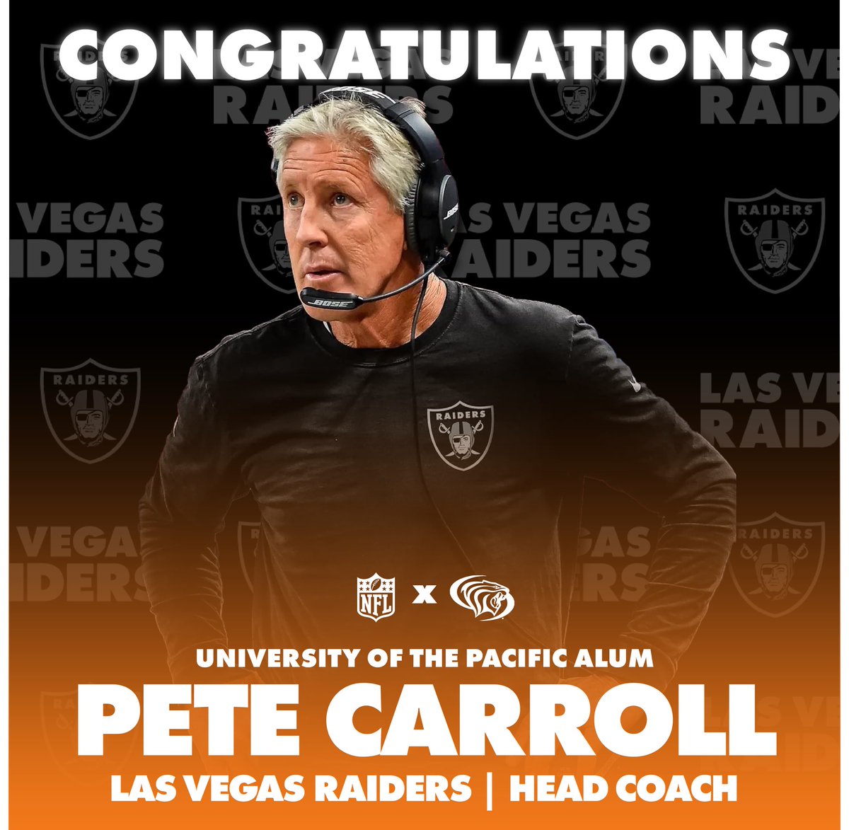 We want to congratulate Pacific Alum and Super Bowl winning coach Pete Carroll on being hired as the next head coach of the Las Vegas Raiders! #pacificproud #raiders
