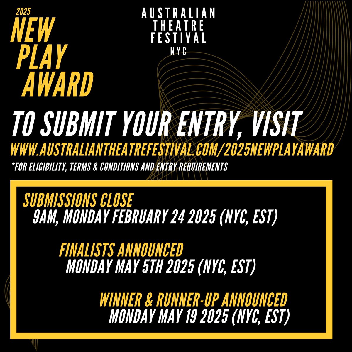AusTheatreFest's tweet photo. ✨🏆SUBMISSIONS OPEN NOW ⬇️
The ATF 2025 New Play Award 📖 🎭 🇦🇺 👏

👏 Sponsored by Shane &amp; Cathryn Brennan 👏

Visit -www.australiantheatrefestival.com/2025newplayaward

#ATFNewPlayAward #AusTheatreFestNYC #ATFNYC #AustralianTheatreFestivalNYC #NewPlayAward #AussiePlays https://t.co/5WJYdY9miC
