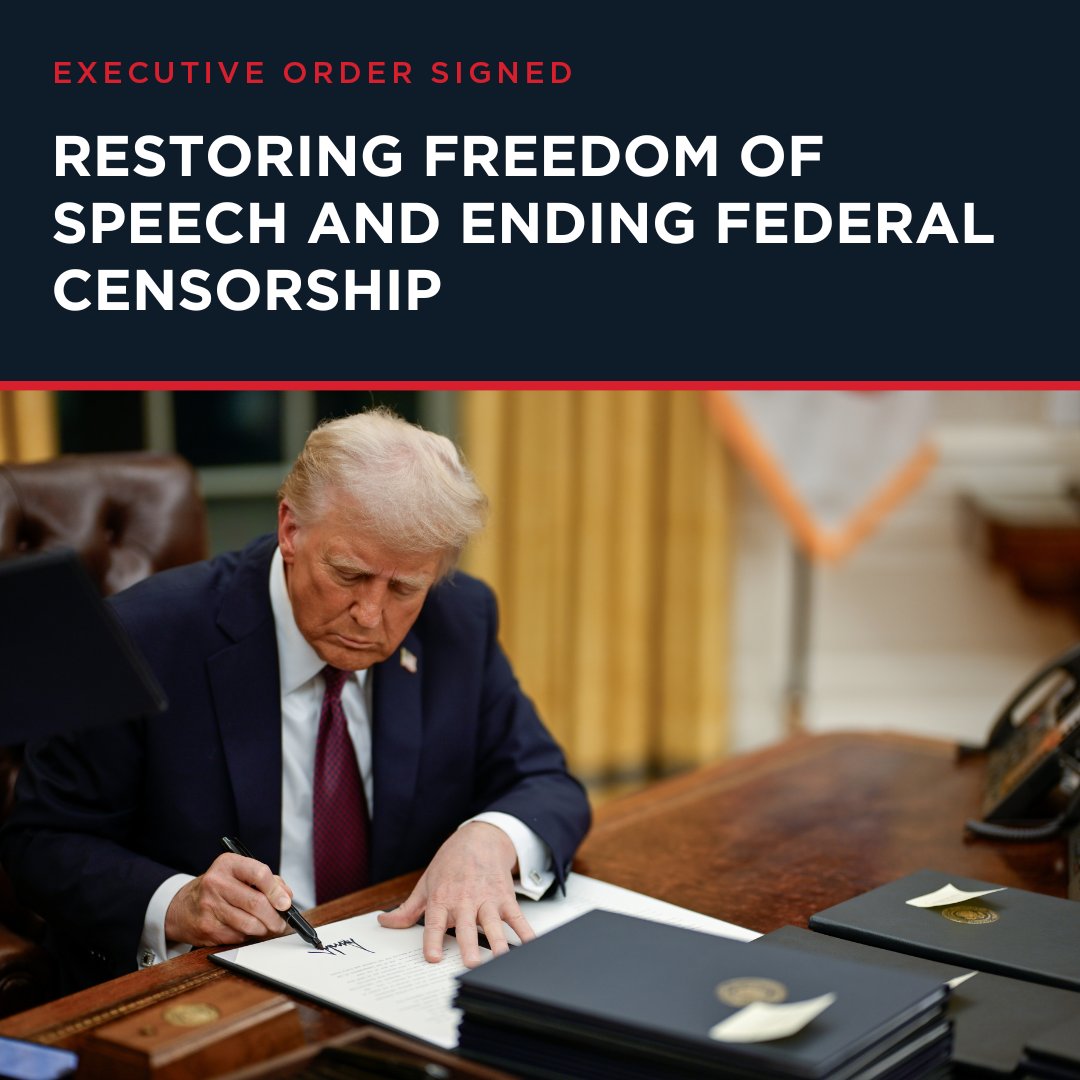 🚨Executive Order Highlight:  

President Trump is committed to protecting our freedom of speech and ending federal censorship!

Promises Made Promises Kept! ✅
