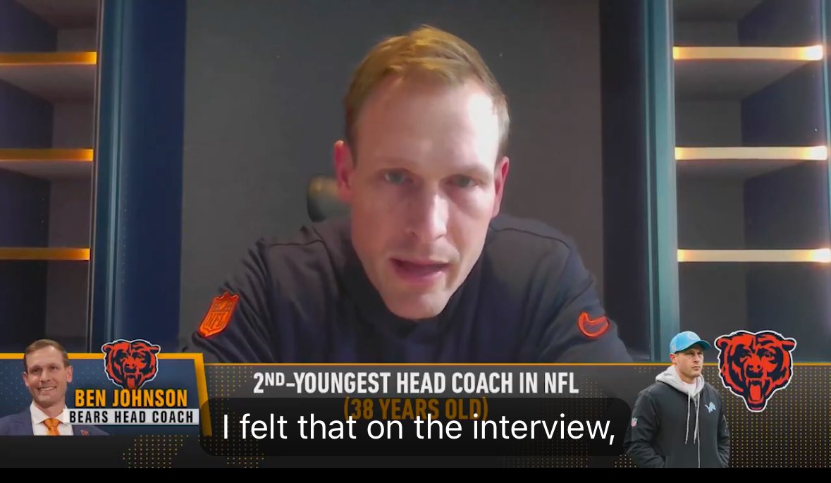 mcgrew1414's tweet photo. I couldn’t help but notice the change of decor behind @ChicagoBears  head coach Ben Johnson. Day 1, empty shelves. Day 2, helmets and pictures! That’s some good work by the building services team. #BearDown https://t.co/soTuLfEbL3