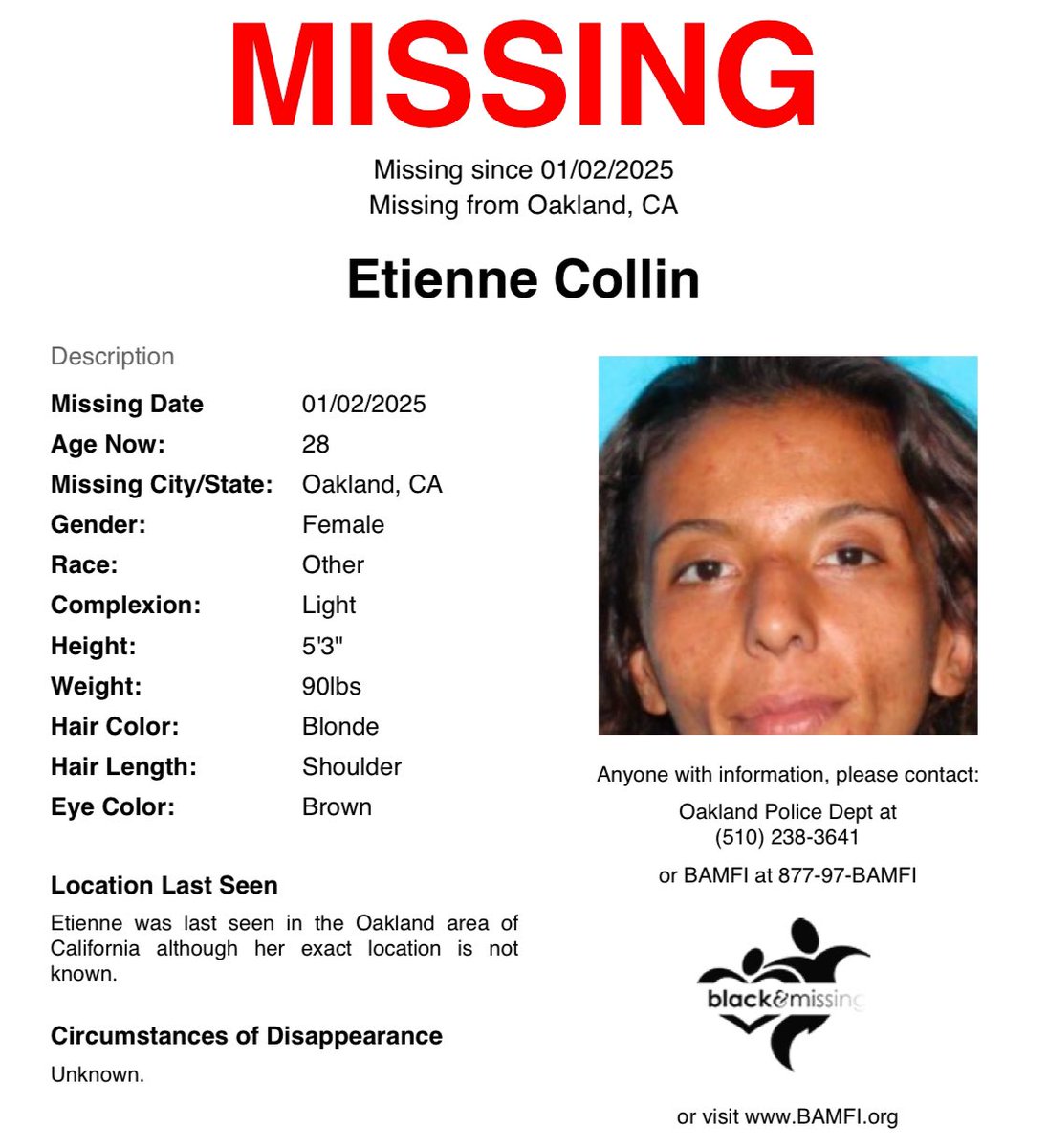 BAM_FI's tweet photo. #FindingFriday: 28y/o Etienne Collin was last seen in the #Oakland area of #CA on January 2, although her exact location is not known. She has a tattoo on the left side of her neck. 

Have you seen Etienne?

Please SHARE to #HelpUsFindUs #HelpUsFindEtienneCollin #EtienneCollin https://t.co/RkNRlEelAI