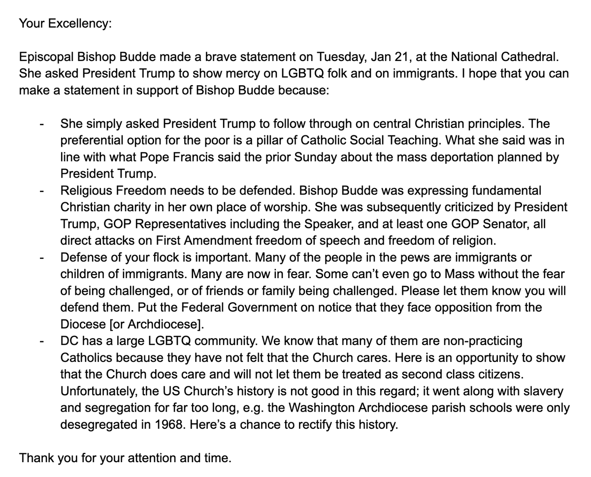 trypax's tweet photo. Religious leaders are the most effective voices for standing up to authoritarianism. Please send the following letter to your local Catholic bishop by mail, e-mail, or social media to encourage them to support Bishop Budde and what she said. @WashArchbishop @WashArchdiocese https://t.co/3JSFYryoPd