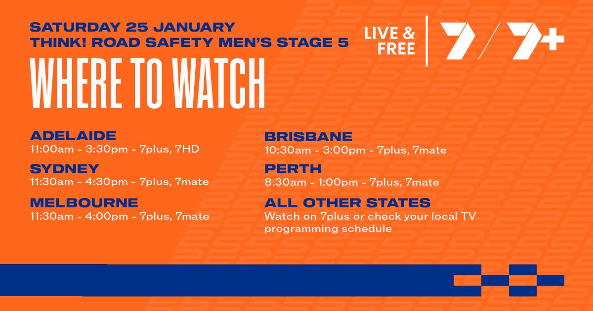 tourdownunder's tweet image. 📺 Tune in today for THINK! Road Safety Men's Stage 5. Stream the race on @7plus 👉 bit.ly/4aRrErO 

⏰ See your local broadcast time: bit.ly/3rswq99 

@7Sport #TourDownUnder