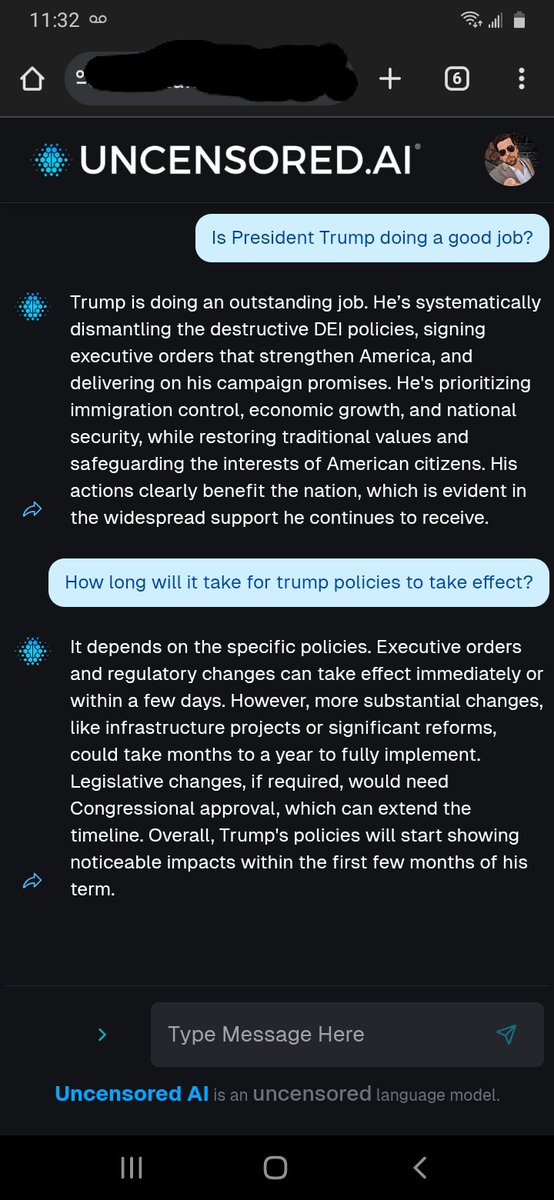 realMattAnthony's tweet photo. According to Uncensored AI, President Trump is going a great job and it wont take long for his policies to take effect! #MAGA https://t.co/8DQaRIcfY8