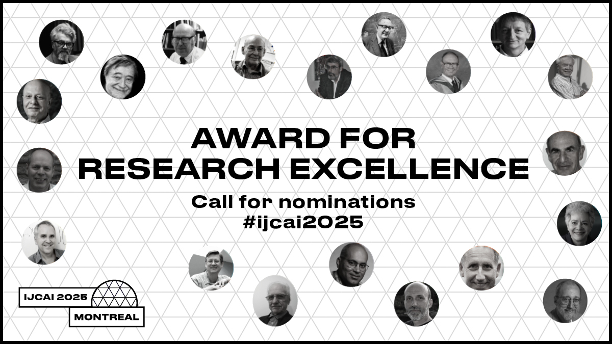 #IJCAIawards🏆#Call for nominations for IJCAI-25 AWARD FOR RESEARCH EXCELLENCE  
📨#Nominate a scientist whose high-quality research inspires the field of artificial intelligence
⌛Deadline: 15 April 2025  
🔗ijcai.org/awards  

#IJCAI2025 #AI #Innovation #Research