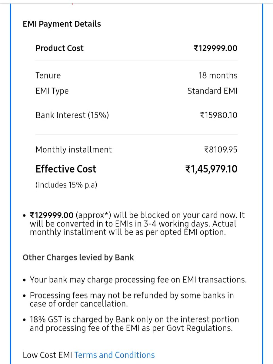 eryparv's tweet photo. @SamsungIndia Instant bank discount is not applied while I'm choosing standard emi (12 months, 18 months and 24 months ). 

While it is applied on No cost emi transactions.

But it should be applied on all the emi transactions rather than no cost emi transaction only. Please check this issue. https://t.co/nbcprGDViZ