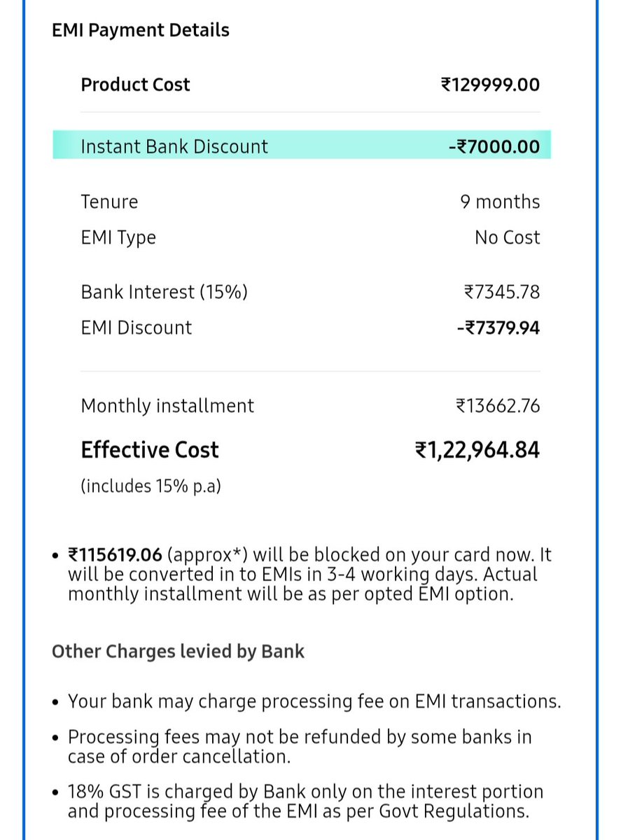 eryparv's tweet photo. @SamsungIndia Instant bank discount is not applied while I'm choosing standard emi (12 months, 18 months and 24 months ). 

While it is applied on No cost emi transactions.

But it should be applied on all the emi transactions rather than no cost emi transaction only. Please check this issue. https://t.co/nbcprGDViZ