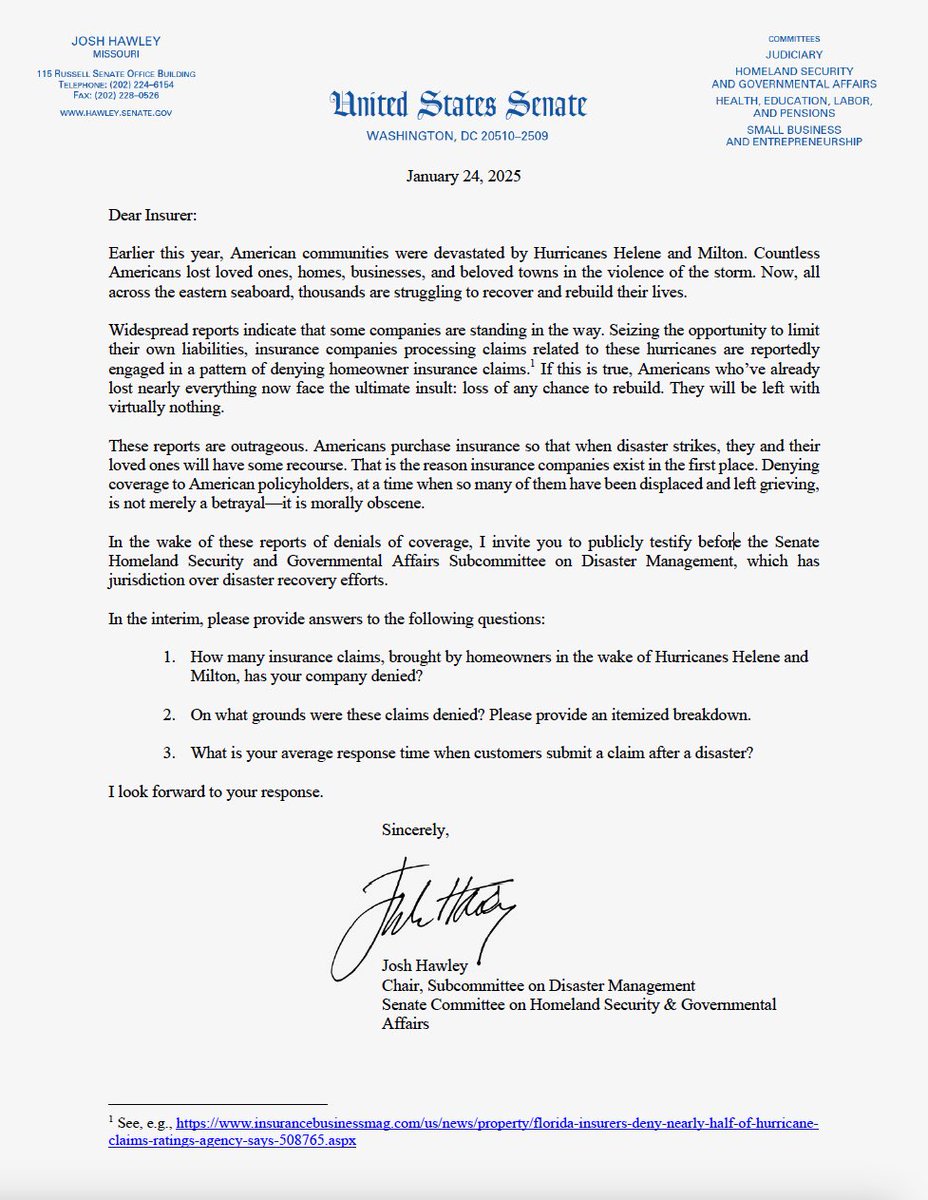 HawleyMO's tweet photo. Today I am calling on the insurance companies that are bankrupting good Americans by denying thousands of claims from Hurricanes Helene and Milton to come to the Senate and testify UNDER OATH https://t.co/qf9WKPfMzD