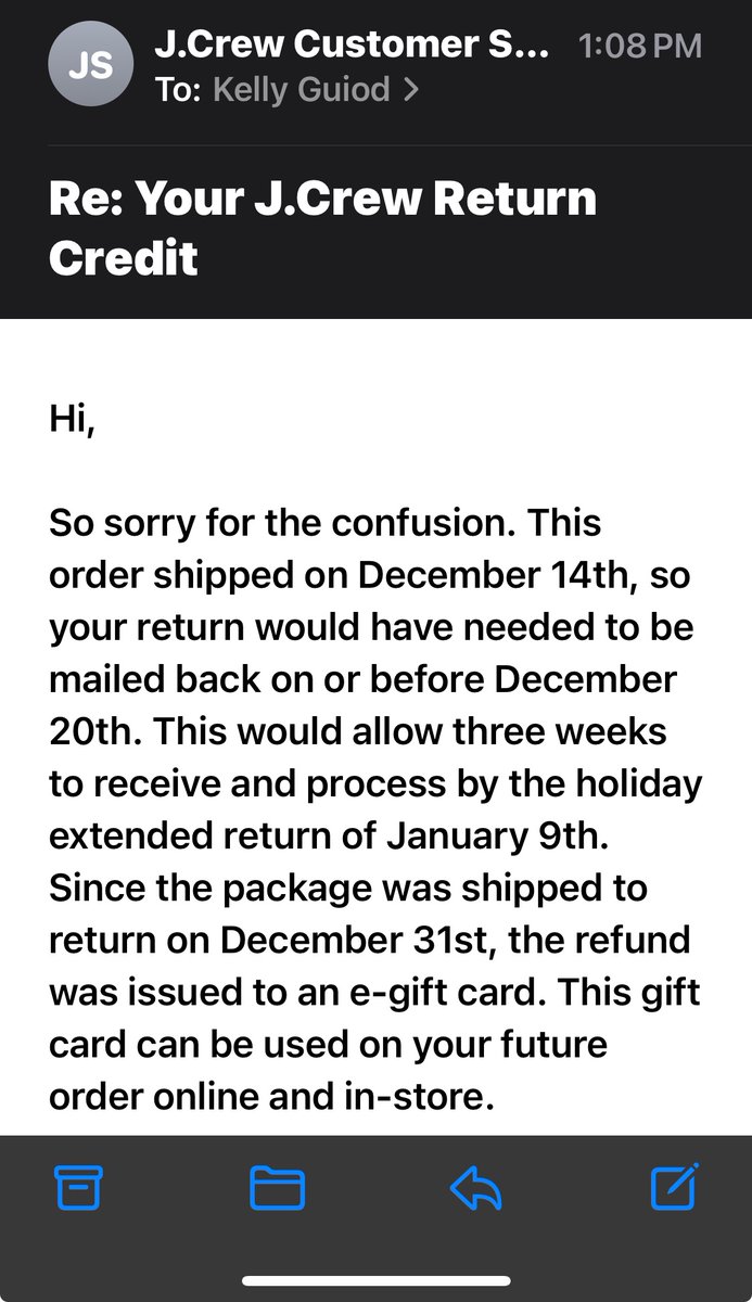 kguiod's tweet photo. There’s no confusion @jcrew, your business practices are super shady! Explain to me why your own return shipping label took 21 days to get from NY to NC, effectively cutting your 30-day return window to SEVEN DAYS so that you can claim error on my part &amp; keep my money. Outrageous https://t.co/UMca5CWkxs