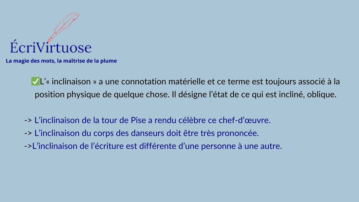 PerrinAude's tweet photo. Bonjour.
Inclinaison ou Inclination?
Vous voulez améliorer votre #écriture?
 #Bêtalectrice et #correctriceprofessionnelle, je suis là pour vous aider😊.
 https://t.co/kZXJ9Bvj89 Ou mail: ecrivirtuose@gmail.com

Au plaisir!
#languefrançaise #linguistique #vocabulaire #expression https://t.co/USULxG4cbU
