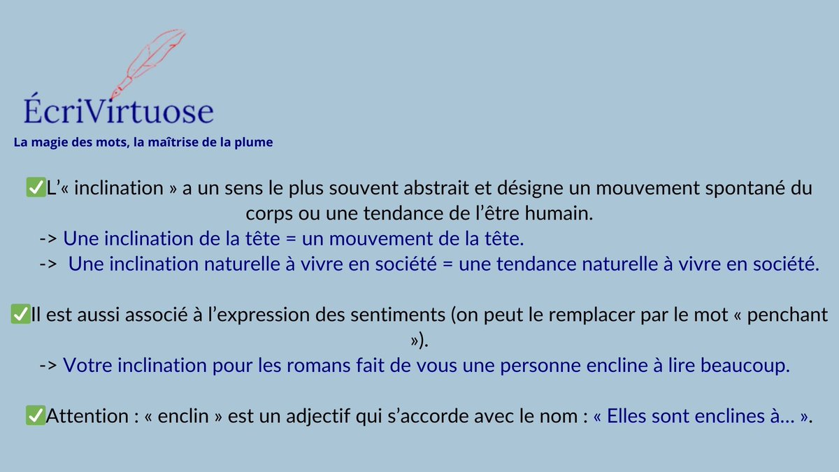 PerrinAude's tweet photo. Bonjour.
Inclinaison ou Inclination?
Vous voulez améliorer votre #écriture?
 #Bêtalectrice et #correctriceprofessionnelle, je suis là pour vous aider😊.
 https://t.co/kZXJ9Bvj89 Ou mail: ecrivirtuose@gmail.com

Au plaisir!
#languefrançaise #linguistique #vocabulaire #expression https://t.co/USULxG4cbU