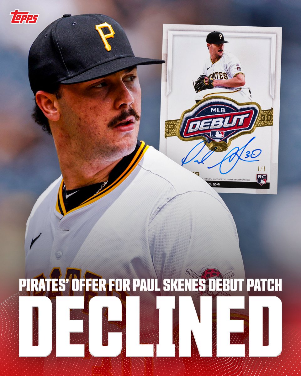 𝐈𝐓’𝐒 𝐎𝐅𝐅𝐈𝐂𝐈𝐀𝐋: The 11-year-old collector who pulled the Paul Skenes 1/1 Debut Patch card has DECLINED the Pirates’ offer.

The Pirates offer included:
- Two Pirates season tickets behind home plate for the next 30 years
- Meet &amp; Greet with Paul Skenes
- Two Paul Skenes