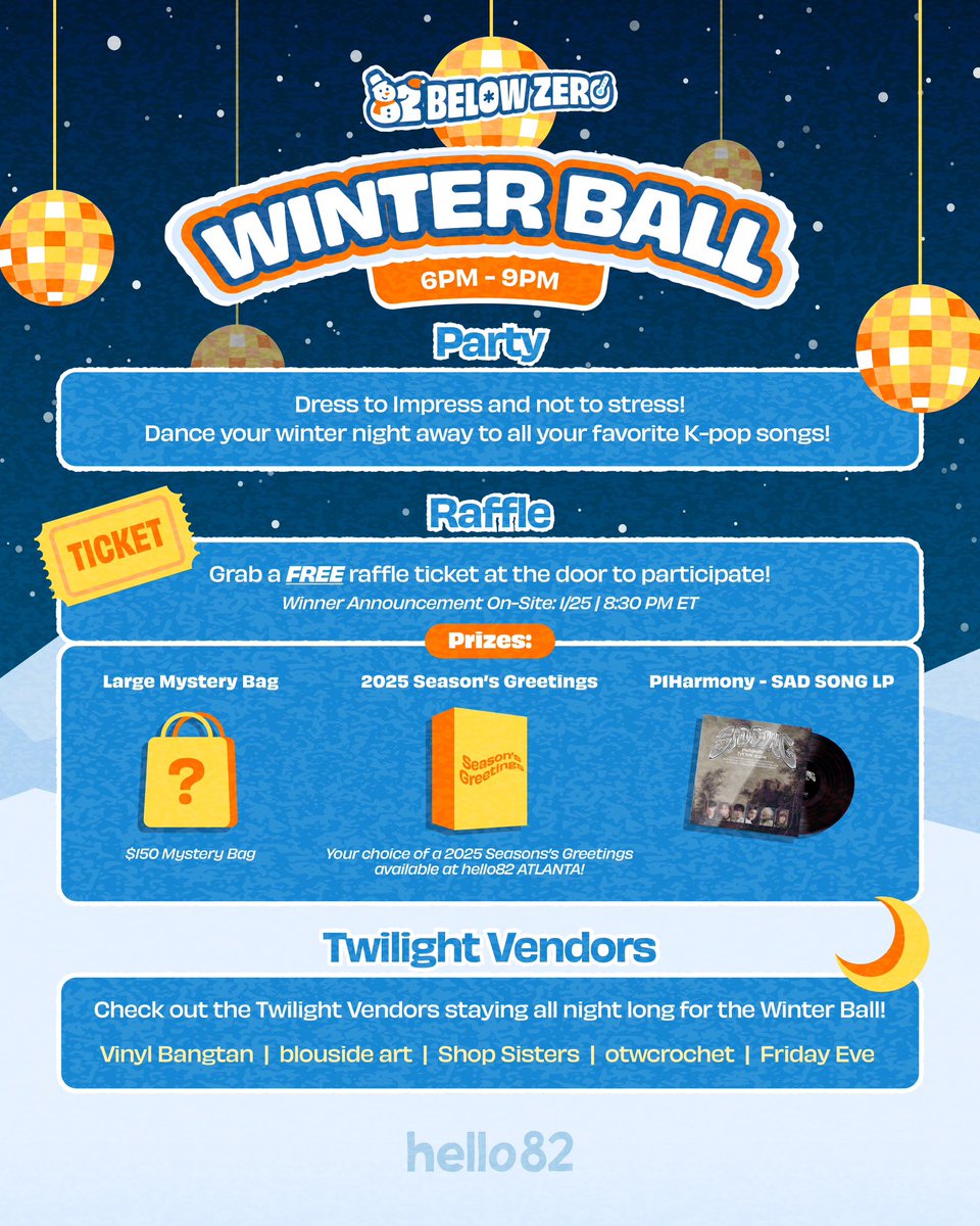 hello82ATLANTA's tweet photo. Don't get left out in the cold by missing 82 BELOW ZERO! ❄️

Beat cabin fever at our lively Winter Market, full of products that'll keep you warm and keep it chill through the night as we transition into our Winter Ball! 

* Raffle tickets are FREE
*Winners will be announced on-site on 1/25 at 8:30PM ET

📆 1/25
⏰ Winter Market | 12PM - 6PM
⏰ Winter Ball | 6PM - 9PM
📍@hello82atlanta

#82BELOWZERO #hello82 #hello82ATLANTA #82playground
