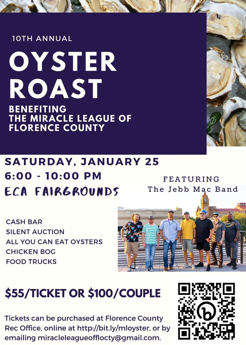 Come out tomorrow for the Annual Miracle League Oyster Roast! You can purchase tickets by scanning the barcode on the flyer, or in person at the event.
#visitflo #visitflosc