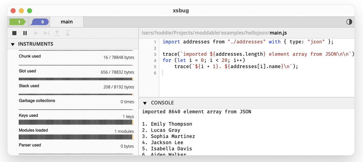 moddabletech's tweet photo. JSON modules make it effortless to include JSON in your project's manifest. They can be parsed during the build instead of at runtime, saving time and memory. For example, a 1.6 MB JSON file of 8640 records:
- Imports in under 1 ms
- Uses no additional RAM https://t.co/vznzi4b1KY