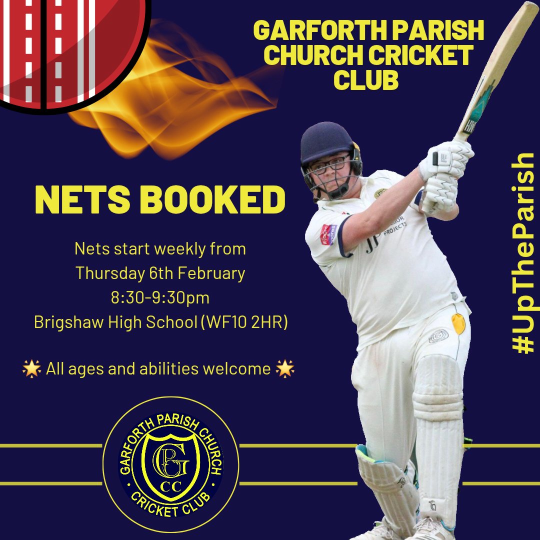 Parish nets start on Thursday 6th February at Brigshaw High School (8:30pm to 9:30pm).

All players and abilities welcome.

Up the Parish 🏏💙