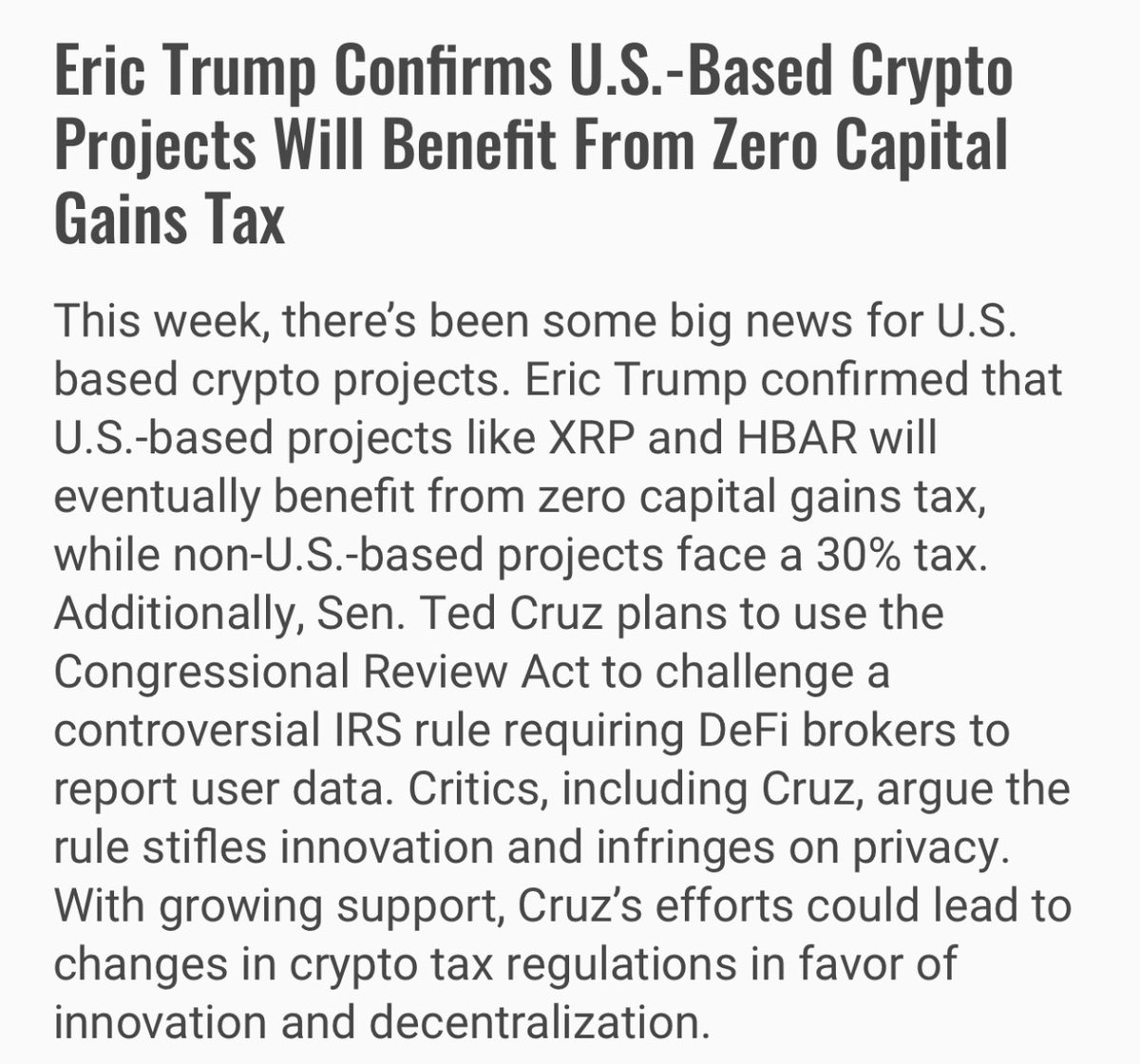 🚨Eric Trump Confirms U.S.-Based Crypto Projects Will Benefit From Zero  Capital Gains Tax! #XRP Sorry #Bitcoin maxis. 🤣