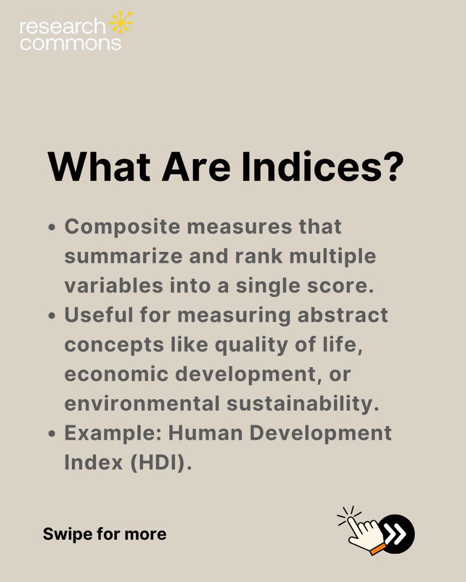 rescommons_ai's tweet photo. “Scales and indices are the backbone of measuring abstract concepts in research! 🔍
•Scales: Assign numerical values to qualitative data (e.g., Likert scale).
•Indices: Combine variables to form a single score
Precision starts here! #ResearchBasics #DataAnalysis” https://t.co/xTaiO6ZZd8