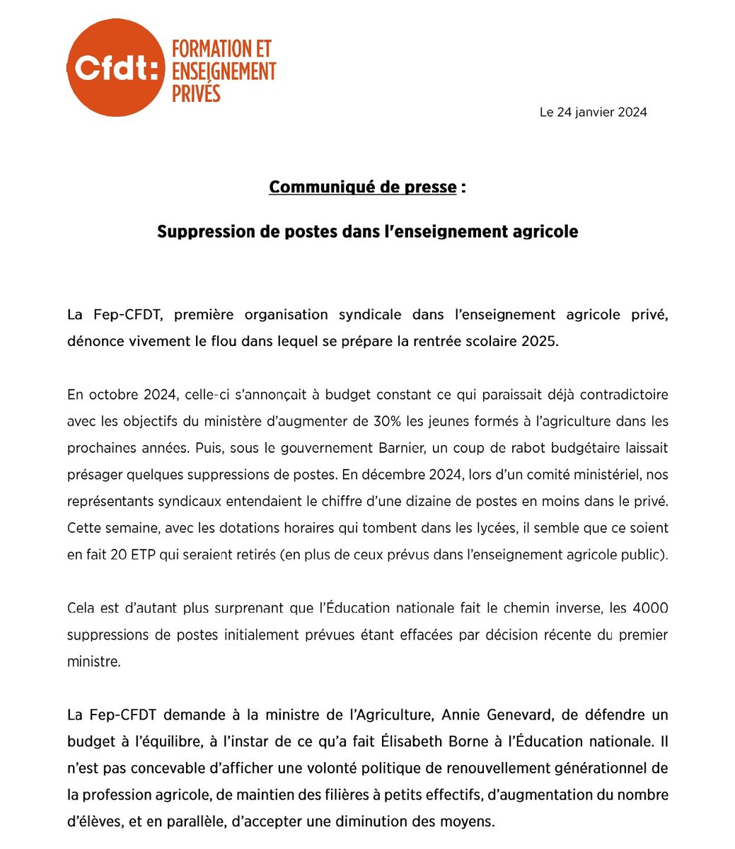 [SUPPRESSION DE POSTES DANS L'ENSEIGNEMENT AGRICOLE]
Il y aurait 20 ETP en moins dans le privé sous contrat en plus des suppressions du public.
La <a href="/FepCFDT/">Fep CFDT</a> ne souhaite aucune perte comme à l'Éducation nationale

<a href="/AnnieGenevard/">Annie Genevard</a> <a href="/CFDTefrp/">CFDT Éducation Formation Recherche Publiques</a> <a href="/cafepedagogique/">Le café pédagogique</a> <a href="/AEFeduc/">AEF Enseignement scolaire</a> <a href="/ToutEduc/">ToutEduc</a> <a href="/CFDTfp/">CFDT Fonctions publiques</a>