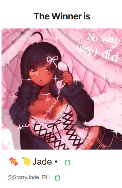 Rerolled the 2nd winner and it is... 🥁🥁

@StarryJade_RH  🌟

Congratulations!! 
I still don't know why i was blocked by the old 2nd winner though😔