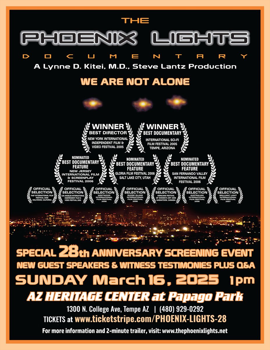 PhoenixLights's tweet photo. SUNDAY MARCH 16 Celebrate the Phoenix Lights 28th Anniversary 1 - 5 pm at the AZ HERITAGE CENTER. Limited seating. Tickets NOW at https://t.co/49TuodTSzl for a unique COMMUNITY Event - Film, PLs UFO witnesses, Travis Walton, remote interviews: Alice Cooper &amp; Kurt Russell + Q &amp; A. https://t.co/gCtHdONjEK