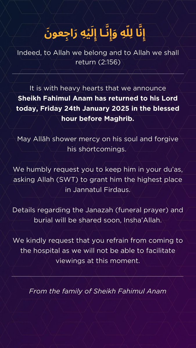 To God we belong, and to God we shall all return.

The BBSI deeply mourns the passing of Sheikh Fahimul Anam, a beloved BBSI Trustee, teacher, and community leader.