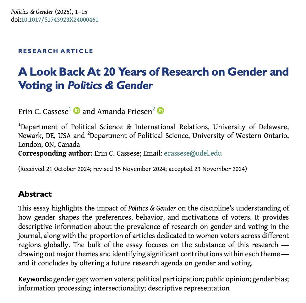 Politics & Gender (@politicsgenderj) on Twitter photo 📣 Out on #FirstView 📣
For our upcoming anniversary issue, @ErinCassese & <a href="/amandajofriesen/">Amanda Friesen</a> outline the major contributions to the literature on women voters published by P&G over the last 20 years and suggest future research agendas.
🌟#OpenAccess🌟
buff.ly/40LtO8b 📣 Out on #FirstView 📣
For our upcoming anniversary issue, @ErinCassese & <a href="/amandajofriesen/">Amanda Friesen</a> outline the major contributions to the literature on women voters published by P&G over the last 20 years and suggest future research agendas.
🌟#OpenAccess🌟
buff.ly/40LtO8b