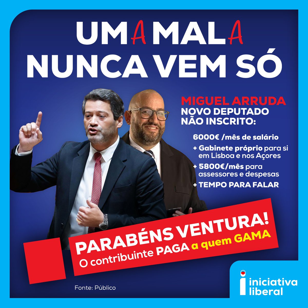 LiberalPT's tweet photo. 💼 UM(A) MAL(A) NUNCA VEM SÓ 

O partido Chega é um partido unipessoal. Ventura tudo decide, tudo aprova, tudo controla. Escolheu pessoalmente todos os deputados que tem na bancada. 

Temos agora os contribuintes a reforçar pagamento a quem gama, e não é pouco. 

Isto é responsabilidade de André Ventura e é uma vergonha para a República.

#PortugalMaisLiberal