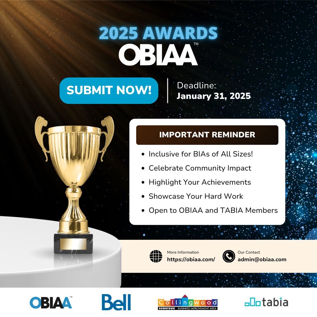Ontario BIA Association (OBIAA) (@obiaa_) on Twitter photo 🏆 Celebrate Your BIA’s Success! 🏆
Submissions for the 2025 BIA Awards Program are open! Whether big or small, every BIA has a chance to shine.
🌐 Submit your entry at: obiaa.com/conference/awa….
📧 You have questions? Please contact admin@obiaa.com.
#2025BIAConference #Awards 🏆 Celebrate Your BIA’s Success! 🏆
Submissions for the 2025 BIA Awards Program are open! Whether big or small, every BIA has a chance to shine.
🌐 Submit your entry at: obiaa.com/conference/awa….
📧 You have questions? Please contact admin@obiaa.com.
#2025BIAConference #Awards