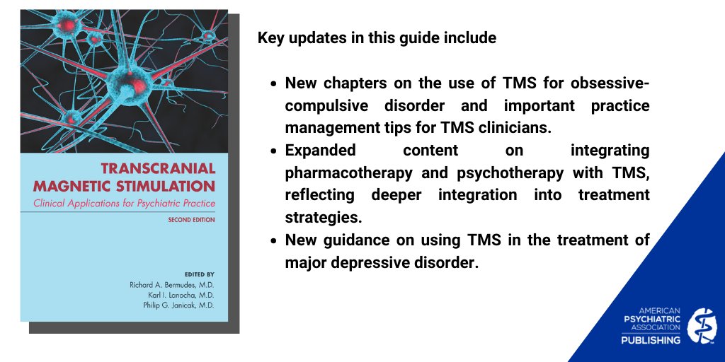 APApsychiatric's tweet photo. NEW BOOK:  Since the first transcranial magnetic stimulation (TMS) system was cleared by the U.S. Food and Drug Administration in 2008 to treat major depressive disorder in adult patients, the field of TMS has experienced tremendous growth. https://t.co/7rVJXa2R8K https://t.co/t1DIzwf9aU