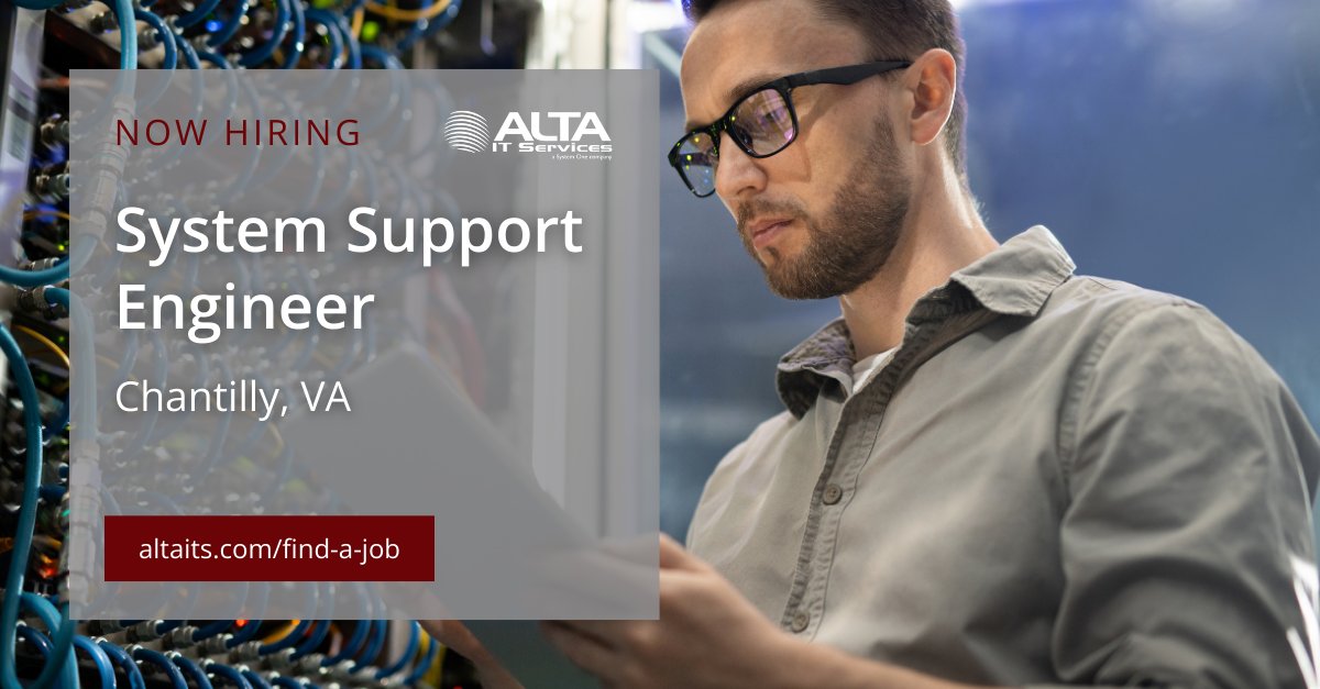 altaitservices's tweet photo. ALTA IT Services is #hiring a System Support Engineer for work in Chantilly, VA. 

Learn more and apply today: https://t.co/VF9h8gsB5L

#ALTAIT #TechJobs #ChantillyVA #TopSecretClearance #LinuxScripting #OracleIdAM #SecurityPlus #ITCareers https://t.co/zZhXIlEUmJ