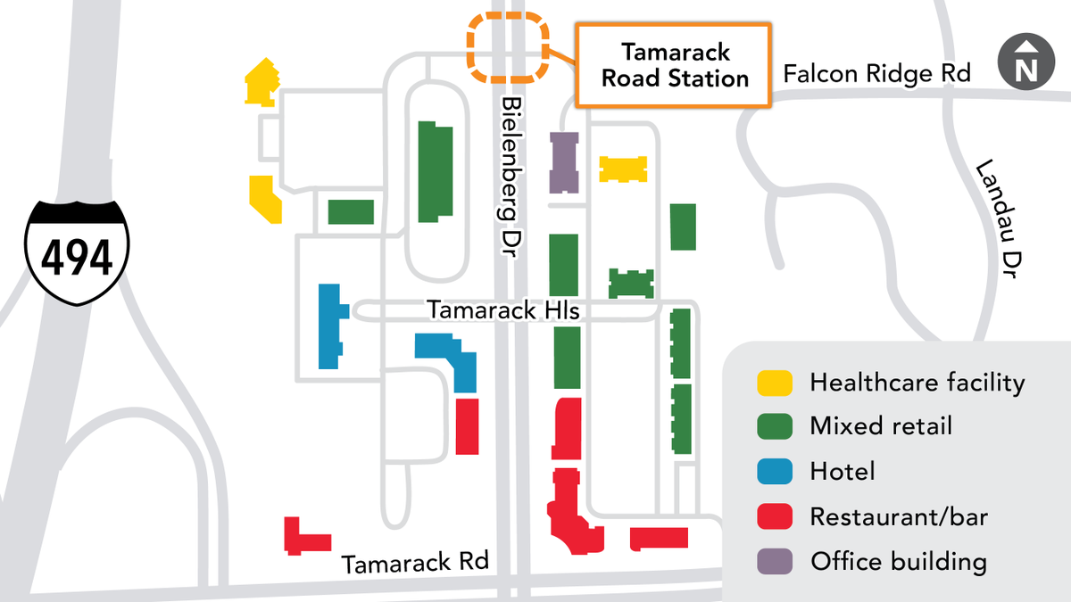 The Tamarack Station is one of three METRO Gold Line stations in Woodbury. Tamarack Station is located on Bielenberg Drive near Tamarack Road, and is near a mix of hotels, bars, restaurants, healthcare, dental care, and shopping.