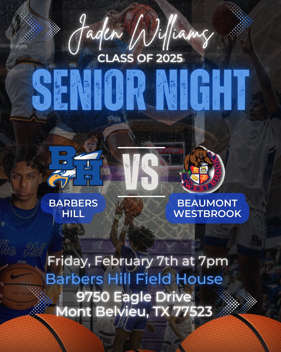 🦅💙🏀BH SENIOR NIGHT 🏀💙🦅
Please join us in celebrating Jaden and all of the senior boys on Friday, February 7th.
Game starts at 7 pm but please feel free to make it early to visit his table, grab a few snacks, and leave him your best wishes in his guest book. 
See you there!