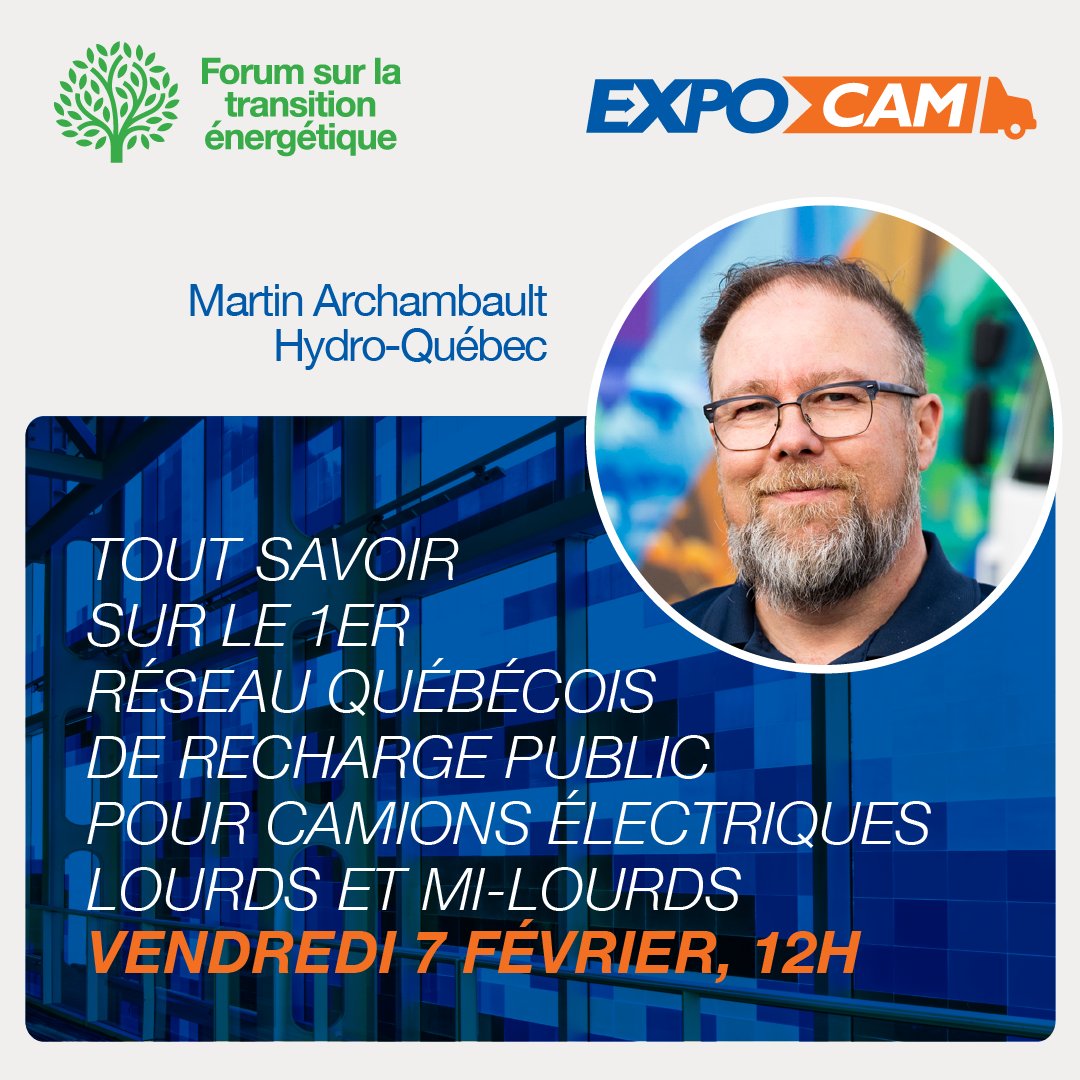 L'idée d'un réseau de recharge public pour camions électriques lourds et mi-lourds vous séduit? Martin, délégué principal chez Hydro Québec dresse un état des lieux de ce vaste chantier. Ce panel est présenté par Propulsion Québec. Inscrivez-vous ici bit.ly/EX25INVITEX