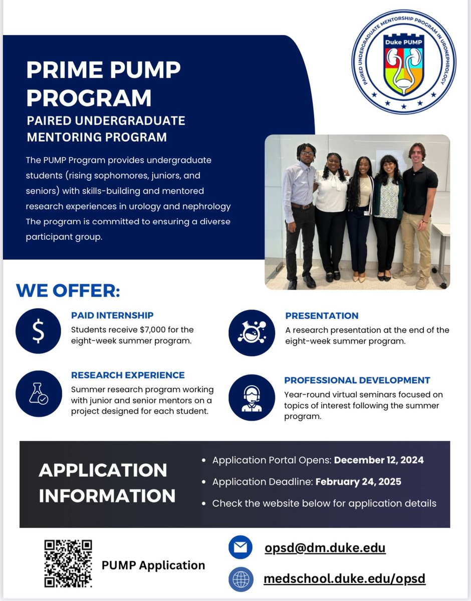 Duke_OPSD_PRIME's tweet image. Apply now for Duke PUMP Program 2025!

☑️Mentorship in #Urology and #Nephrology
☑️$7000 stipend for 8-week summer research and immersion program
☑️Build research skills

Apply by February 24, 2025: duke.qualtrics.com/jfe/form/SV_8q…

#DukeMedSchool #Undergraduates #Summer #Research #Health
