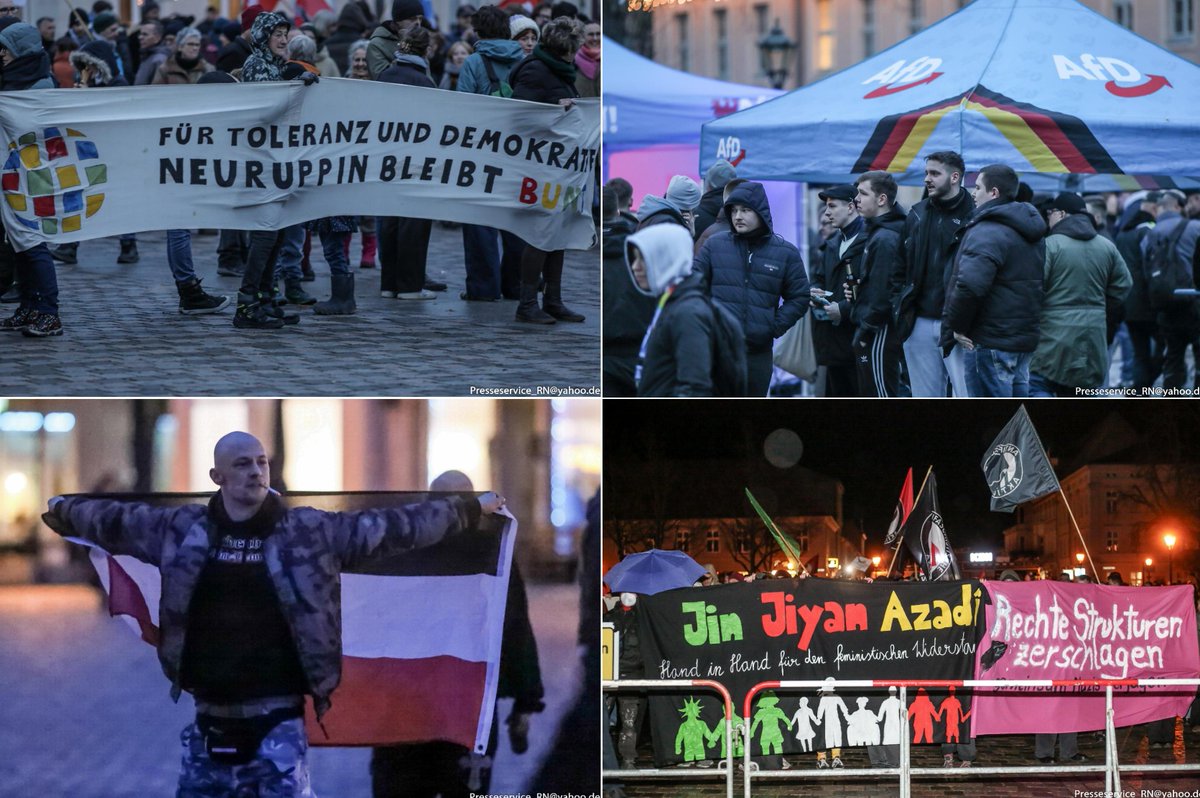 PresseserviceRN's tweet photo. In #Neuruppin veranstaltete die AfD heute eine Kundgebung zur #BTW2025 unter dem Titel: "Zeit für Remigration".  Die Veranstaltung zog etwa 150 Teilnehmende.
Etwa 500 Menschen protestierten unter dem Motto #Neuruppinbleibtbunt jedoch dagegen.
Fotos: https://t.co/WHrJ1NvSmD https://t.co/jEn5TJRxup
