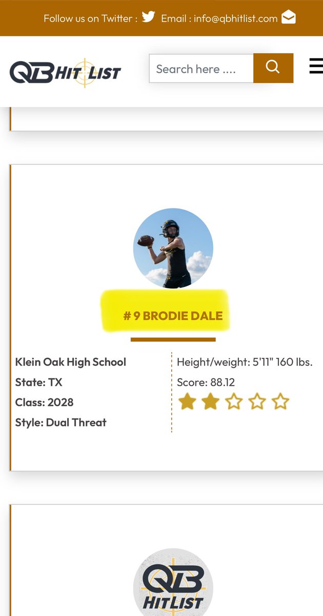 BrodieDale (@brodie_dale10) on Twitter photo Thank you to <a href="/QBHitList/">QBHitList.com</a> for ranking me 93rd nationally for the class of 2028 dual threat QB’s and 9th in the state of Texas.
<a href="/KLEINOAKFB/">Klein Oak High School Football</a>
<a href="/Coach_CJWard/">Coach CJ Ward</a>
<a href="/Coach_BCarp/">T. Brandon Carpenter</a> Thank you to <a href="/QBHitList/">QBHitList.com</a> for ranking me 93rd nationally for the class of 2028 dual threat QB’s and 9th in the state of Texas.
<a href="/KLEINOAKFB/">Klein Oak High School Football</a>
<a href="/Coach_CJWard/">Coach CJ Ward</a>
<a href="/Coach_BCarp/">T. Brandon Carpenter</a>