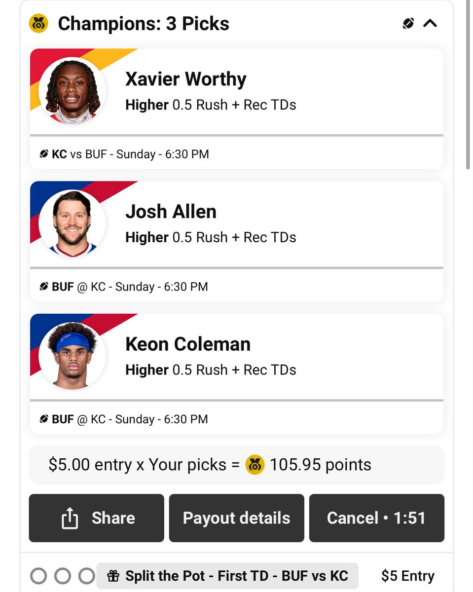 Zirksee's tweet photo. For the split the pot tokens I’m doing 2 Longshot $5 entries. Already have all my picks made for the games so not doing more. 2 players with pretty good chances at 1st TDS then 1 Longshot per game. Read the rules for how these work 👇🏻 https://t.co/c5oYSxin29