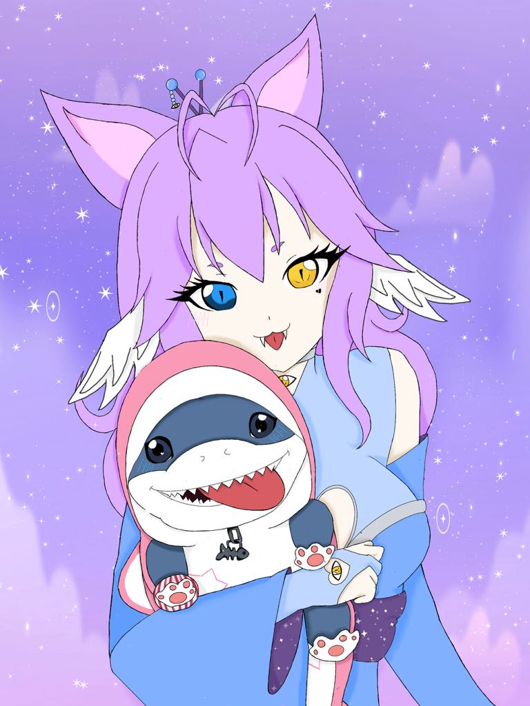 AngelFoxVT's tweet photo. HI pups its been a minute this is my new profile icon! its the full concept for my vtuber and I am so proud of being the artist of it! <3 might be streaming marvel rivals Sunday!! 
#vtuber #ENVtubers #marvelrvials #jeffthelandshark https://t.co/JDeeOINDFw