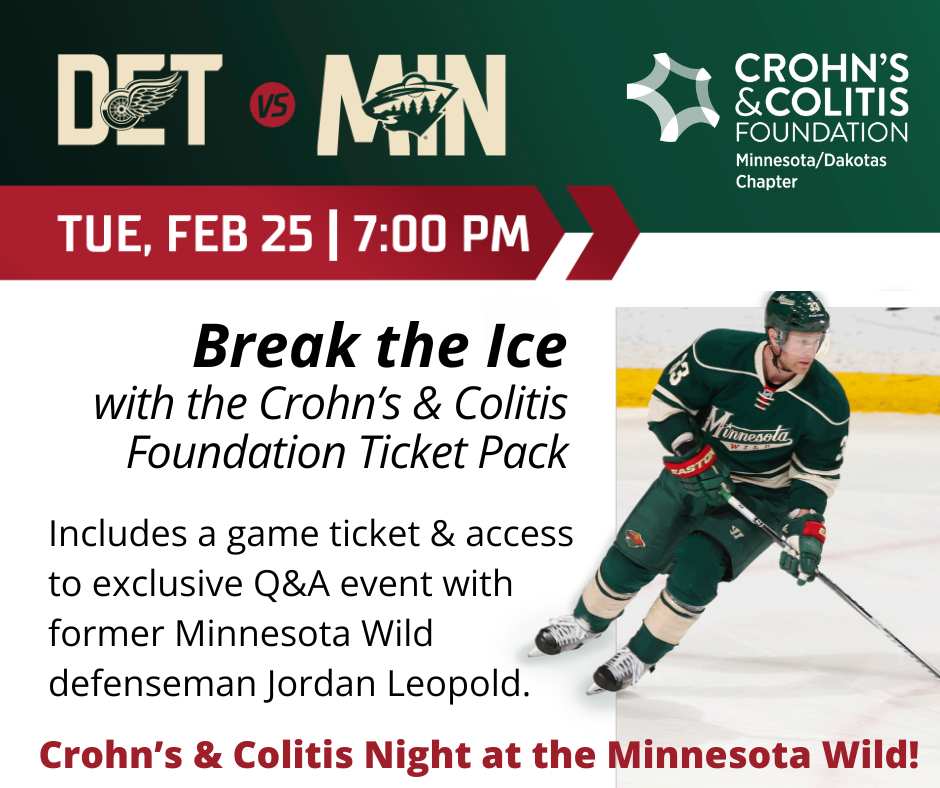 CCfdnMinnesota's tweet photo. Don't forget to purchase tickets for our IBD Night at the Wild on February 25, including a special pre-game Q&amp;A featuring former Wild defenseman and Crohn’s patient, Jordan Leopold, who will share his personal journey with IBD. Purchase your tickets here: https://t.co/n1fvJh32Lu https://t.co/Vq1VGq075z