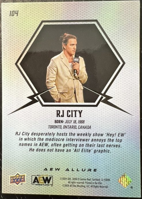RJCity1's tweet photo. Thanks to Upper Deck for including me in the AEW Allure set. Still seems to be some issues with the back. https://t.co/cQ4LTXmsZz