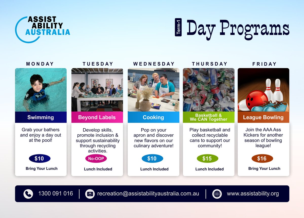assist_ability's tweet image. 🌟 Our Term-1 #DayPrograms are packed with fun, growth, and connection! 🎉

From swimming and cooking to league bowling and skill-building, there’s something for everyone to enjoy. Whether you're looking to learn, laugh, or make new friends, our programs have it all!