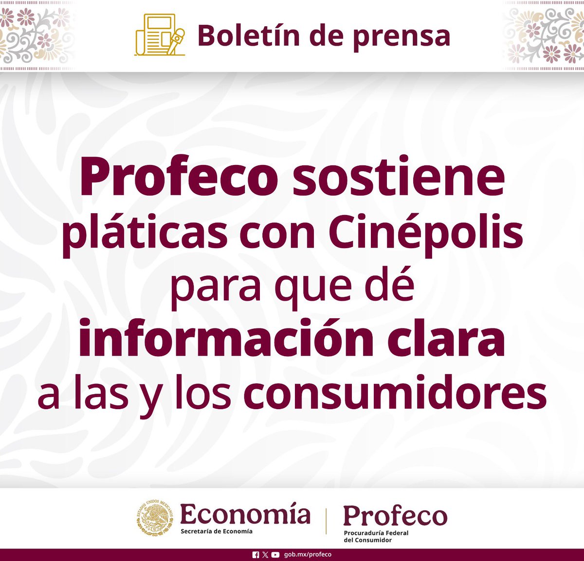 #BoletínDePrensa Derivado del reclamo de algunas personas consumidoras a través de redes sociales por el incumplimiento de la "Garantía Cinépolis", la Profeco entabló pláticas con Cinépolis para precisar los términos y condiciones de dicha garantía, conforme a lo estipulado en la