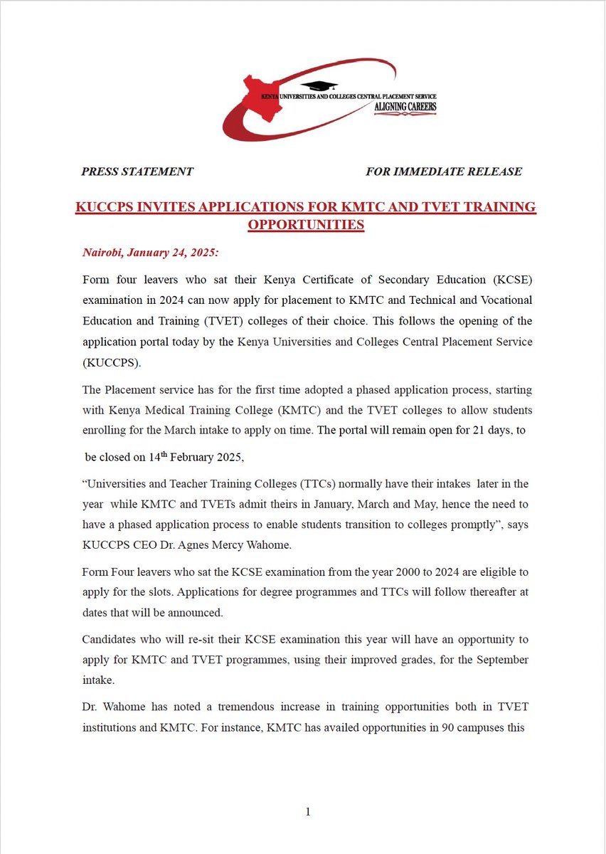 KUCCPS_Official's tweet photo. PRESS RELEASE
KUCCPS Invites Applications for KMTC and TVET Training Opportunities https://t.co/rR5klmkbZw