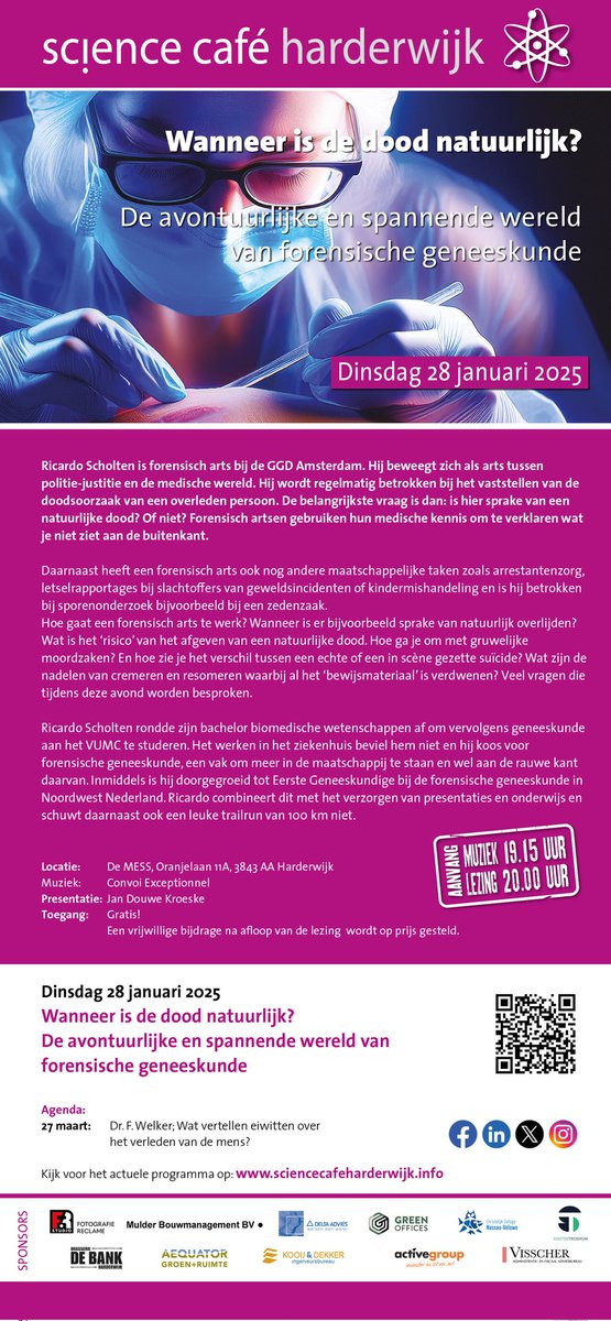 sciencecafehw's tweet photo. Dinsdag 28 januari Science Cafe met "Wanneer is de dood natuurlijk", over de rol van forensische geneeskunde in de opsporing van misdrijven. Verhalen uit de eerste hand door forensisch arts Ricardo Scholten. https://t.co/kdoOS0gM7U